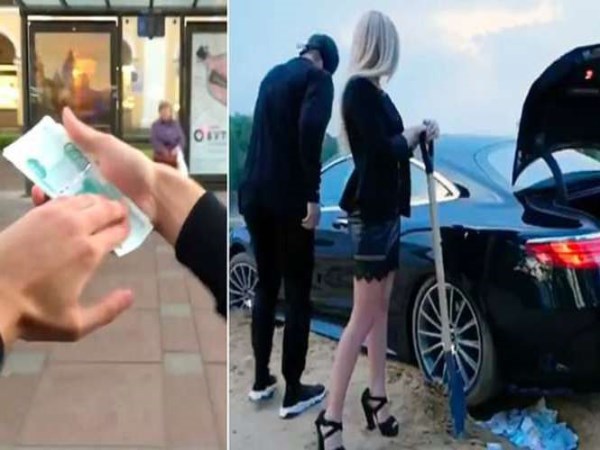 A man through lots of money from car to outside in Russia
