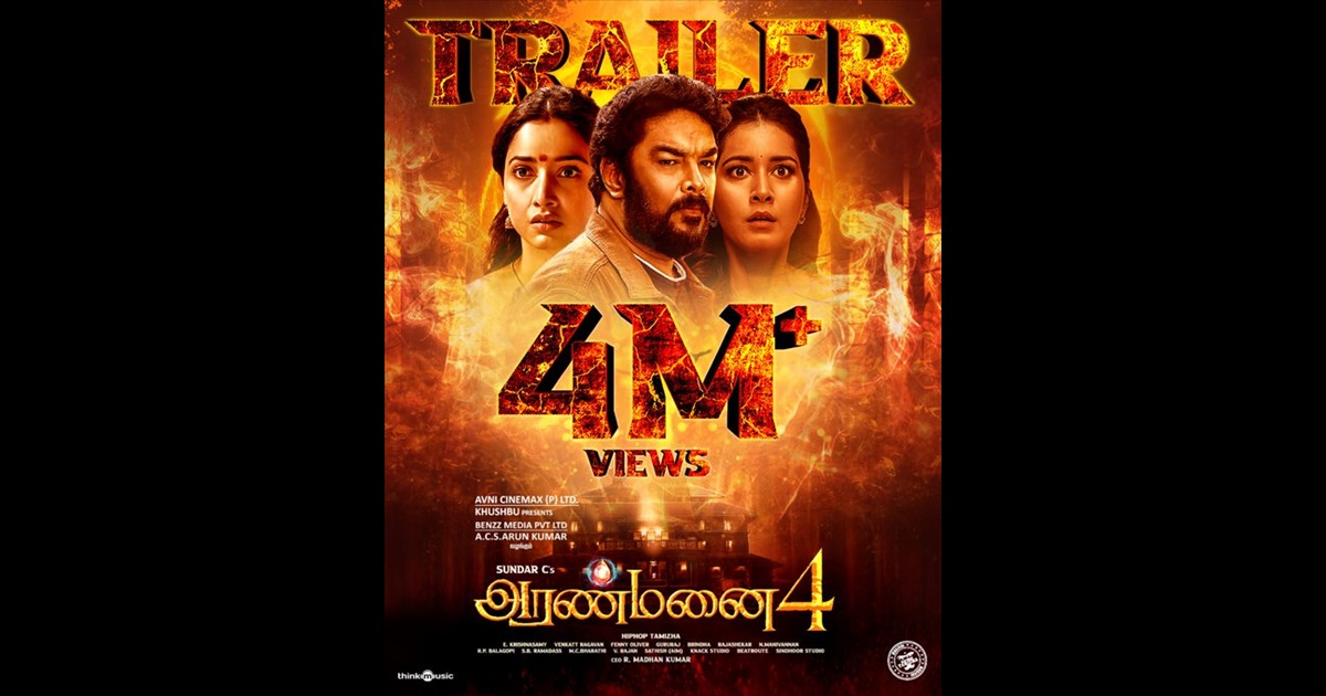 Aranmanai 4 Movie Trailer Reach 4 Million Views and Day 2 still Placed On YouTube Trending 1 