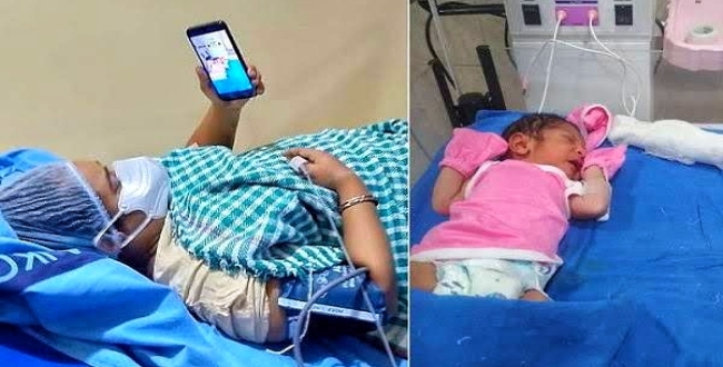 Women see new born baby on video call