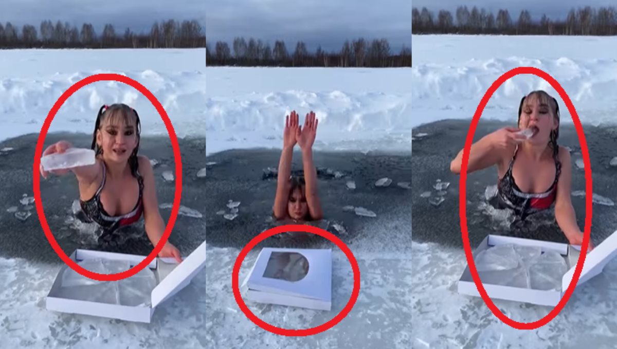 Instagram Video Trend about Woman Eats Iceberg Pizza Cold Season 
