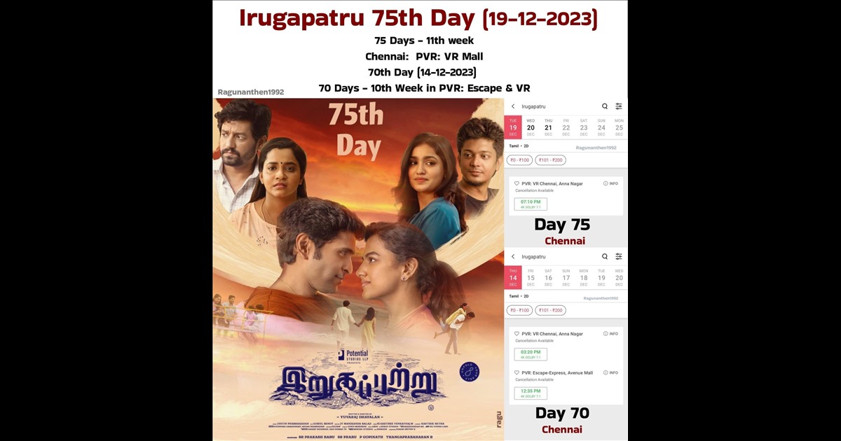 Irugapatru Movie Screen till Now after 75 Days 