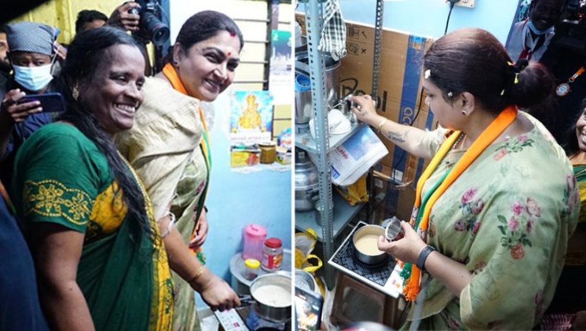 Kushboo makes tea when meets voters house