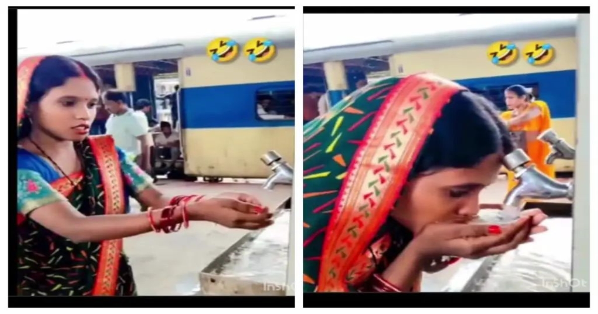 woman-drinks-water-in-unique-way-at-railway-station
