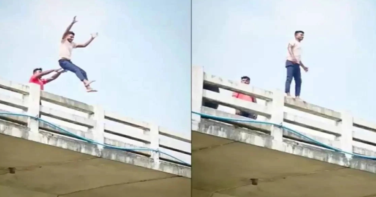 trending reels on bridge falling guy