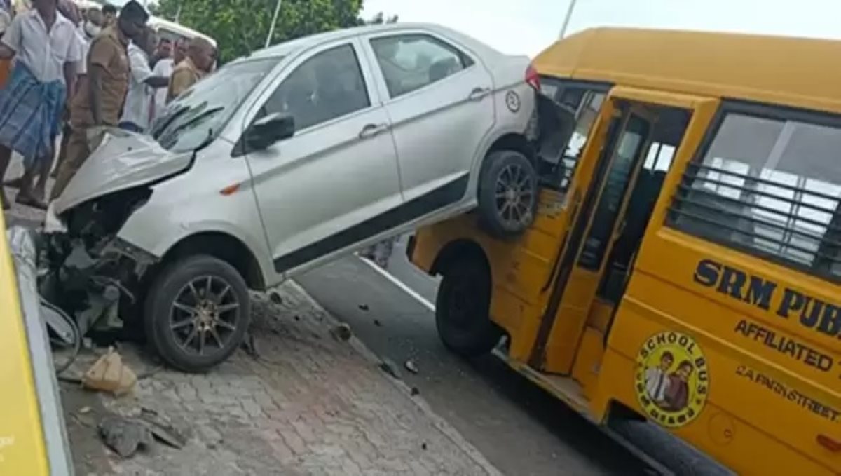 The car hit a utility pole and hit the front of a school bus