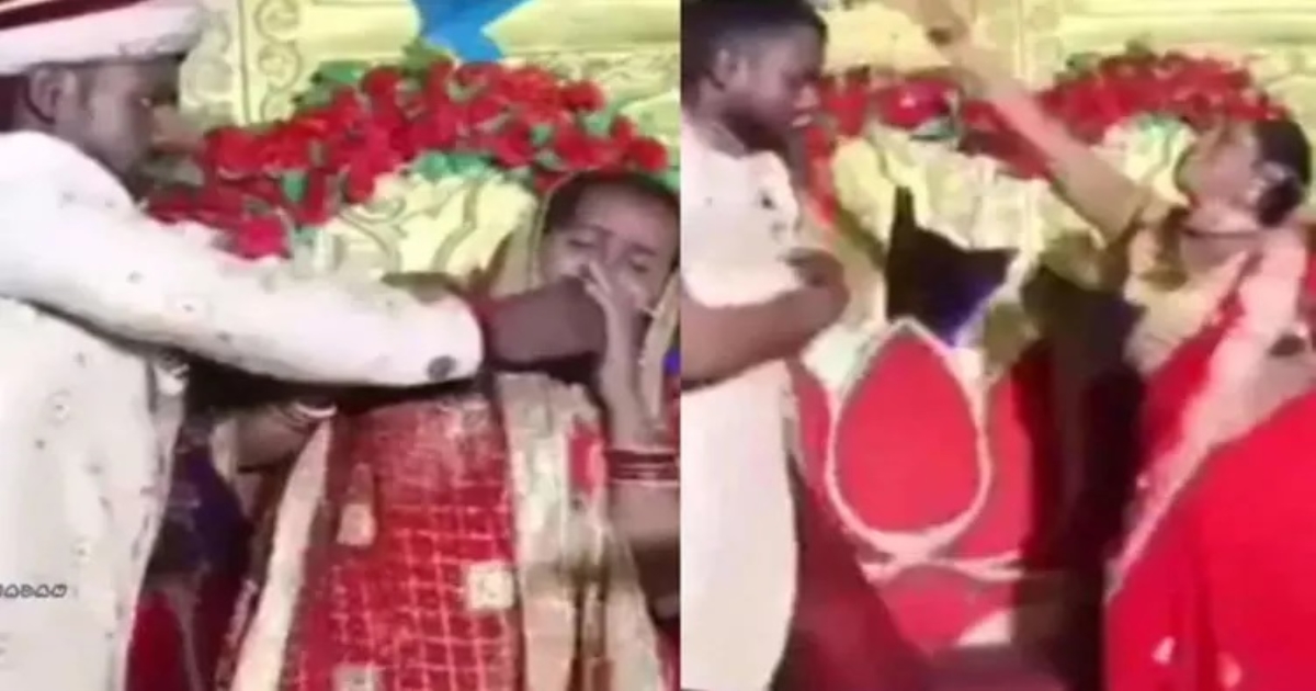 The bride slapped the groom on the wedding table