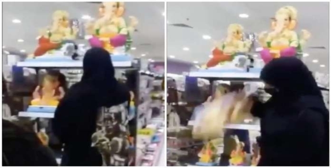 Muslim girl breaking Hindu bhagwan's idol in a shop in bahrain