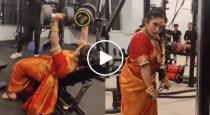 Bride exercise in gym with wedding dress